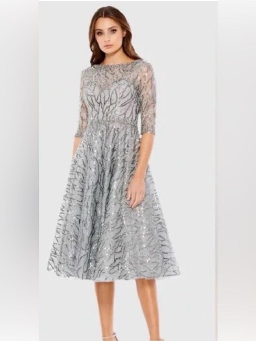 Mac Duggal Silver Sequin Midi Dress